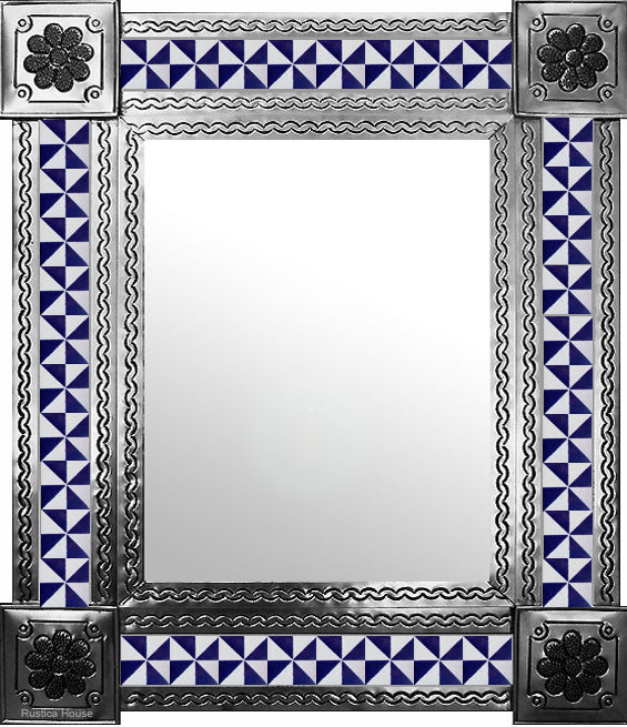 artisan created natural tin tile mirror cobalt white