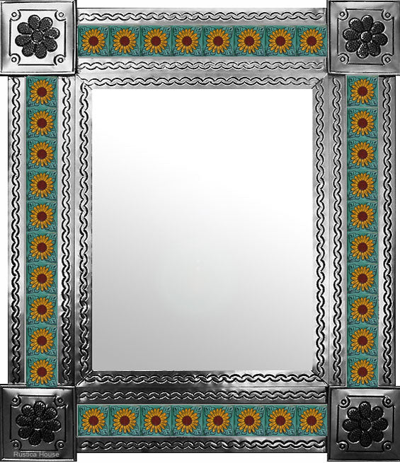 hand hammered natural tin tile mirror yellow terracotta green