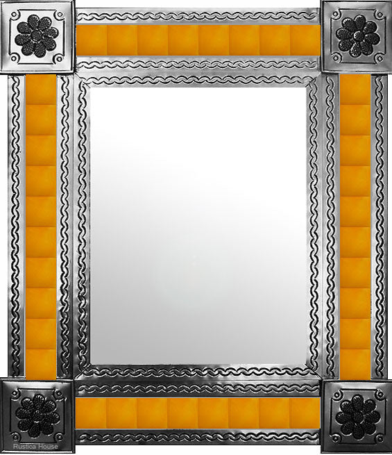 hand fabricated natural tin tile mirror yellow