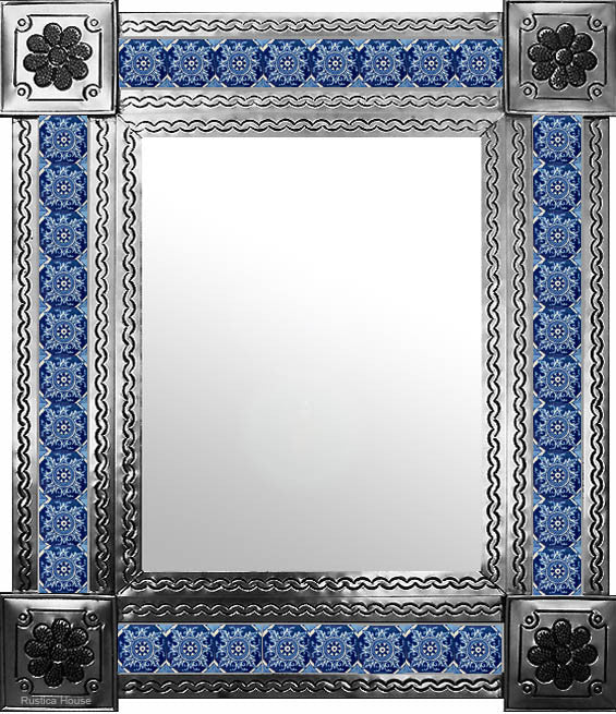 hand fabricated natural tin tile mirror blue white