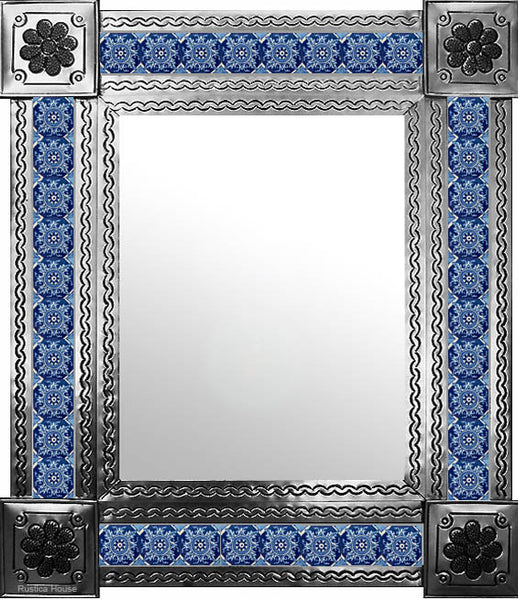 hand fabricated natural tin tile mirror blue white