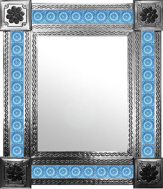 artisan created natural tin tile mirror sky blue