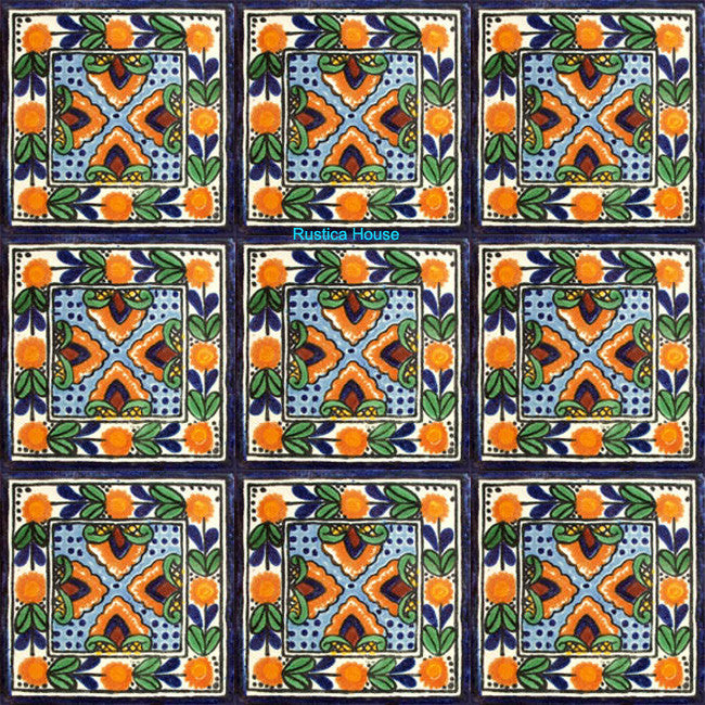 old European orange blue talavera tile
