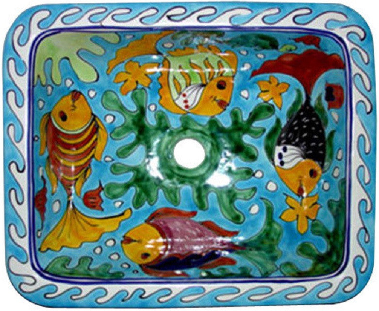 rectangular talavera sink with fish design