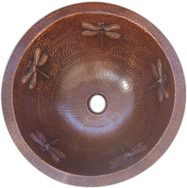 rustic round copper bathroom sink dragonfly