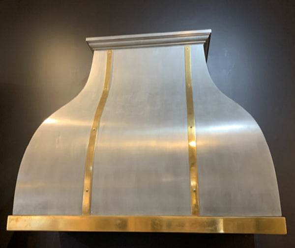 zinc range hood with brass straps